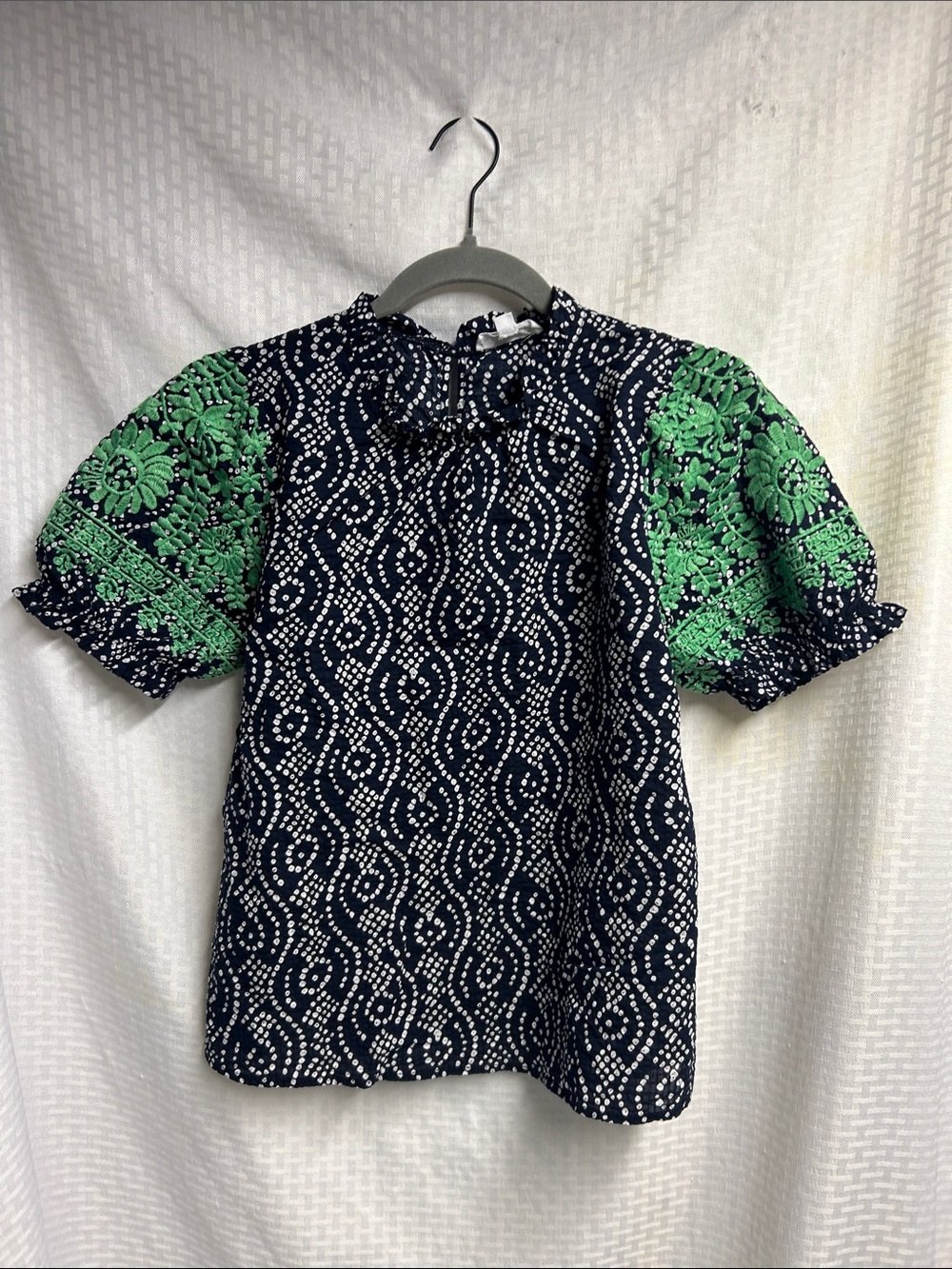 THML Navy Dot Wave Top with Green Embroidered Puff Sleeves